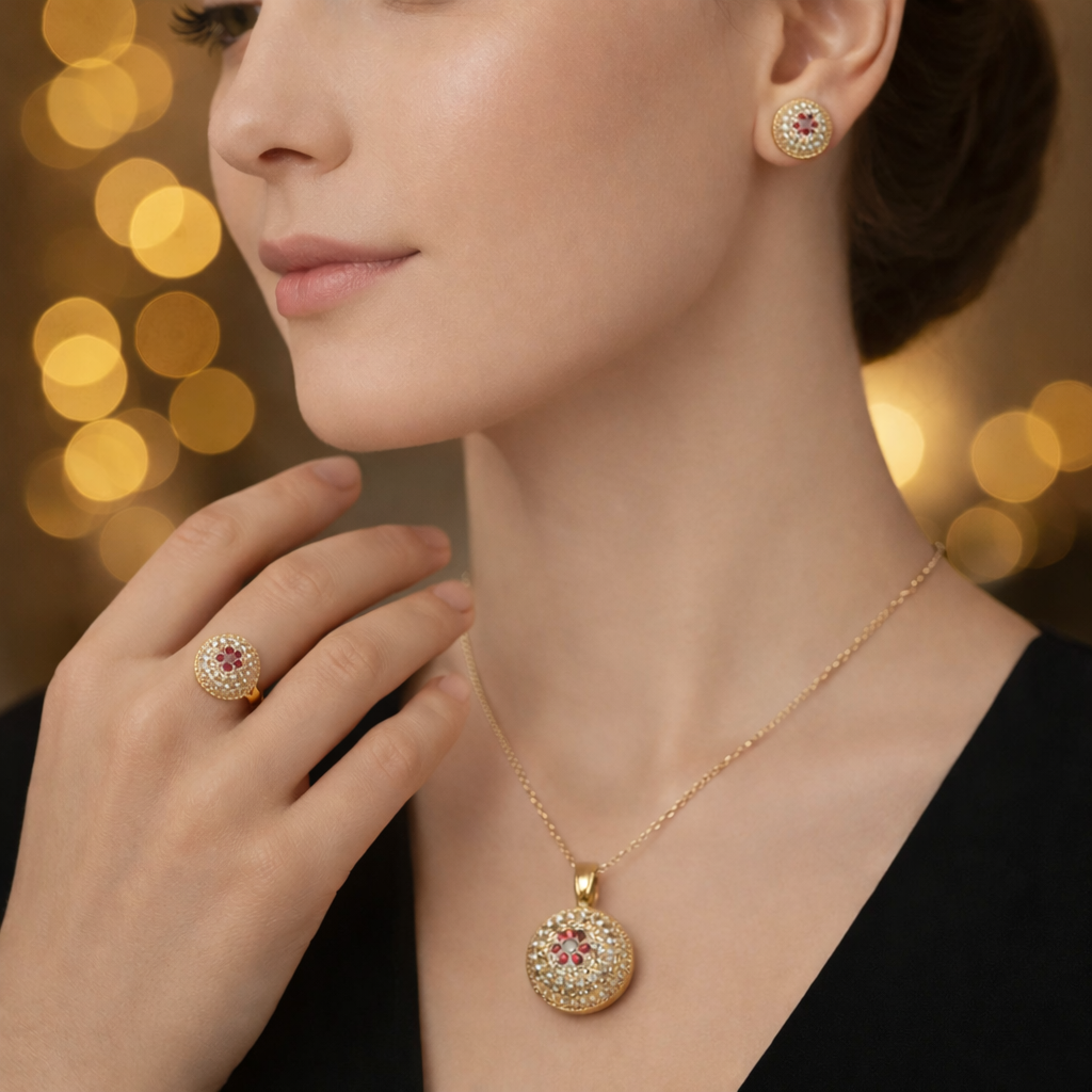 Premium 3-in-1 Party Gold Jewelry Set – Necklace, Ring & Earrings